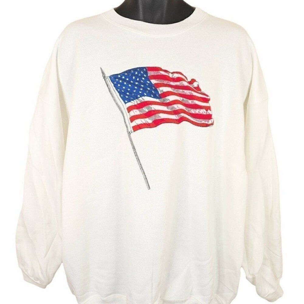 Vintage American Flag Sweatshirt Mens Size 2XL White 90s Patriotic Made In USA